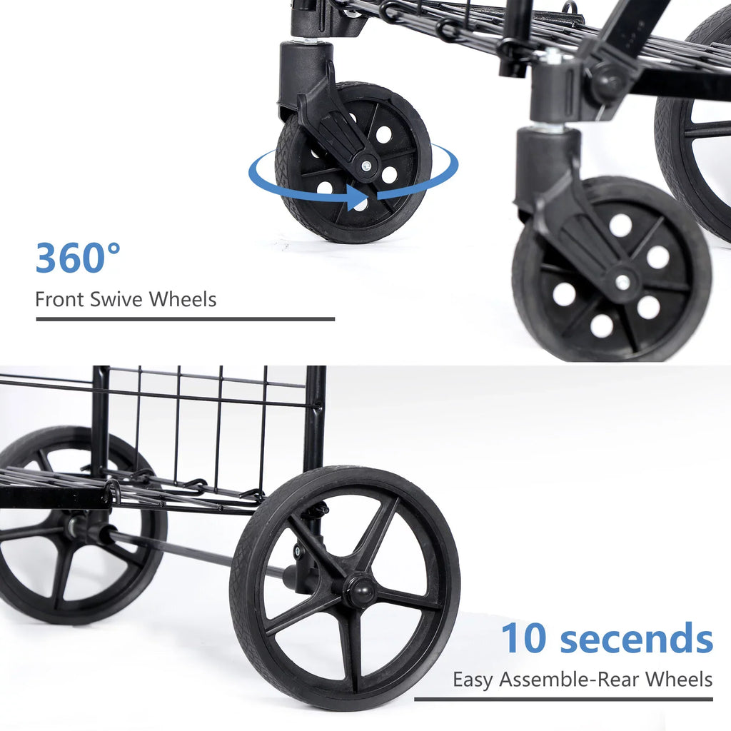 ZENY Folding Utility Shopping Cart with Double Basket and Wheels for Grocery Laundry Book Luggage Travel, Jet