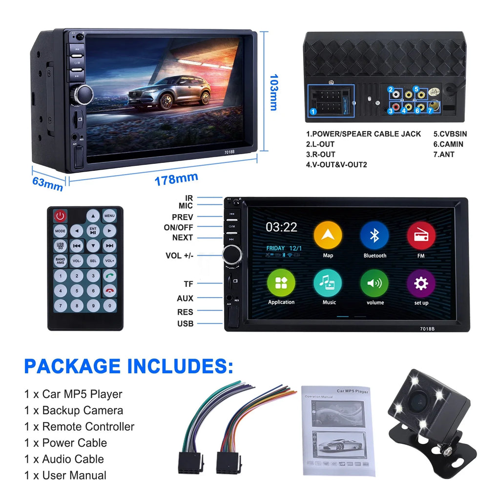 Double Din Car Stereo, 7In HD Bluetooth Car Radio MP5 Player Touch Screen with Backup Camera, Vehicle Audio Receiver with Mirror Link, USB/Car Audio Receiver