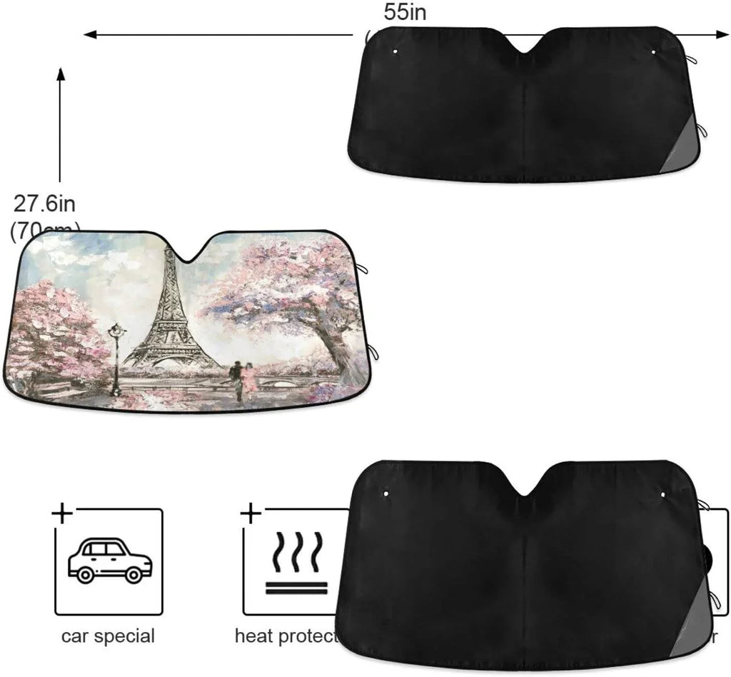 Wellsay Beautiful Paris Eiffel Tower Seine River Cherry Tree Lovers Couple Car Windshield Sun Shade,oldable Visor Protector Keep Cool Sunshade Blocks UV Rays and Accessories to Protect for Cars