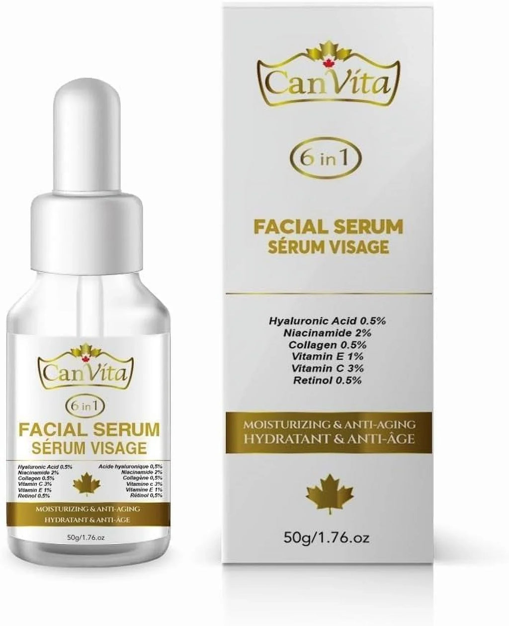 CANVITA Moisturizing 6 in 1 Face Serum with Hyaluronic Acid, Retinol, Niacinamide, Vitamin C and Vitamin E - Serum for Face - Anti Aging Serum, Skin Clearing, Brightening Serum for Dark Spots