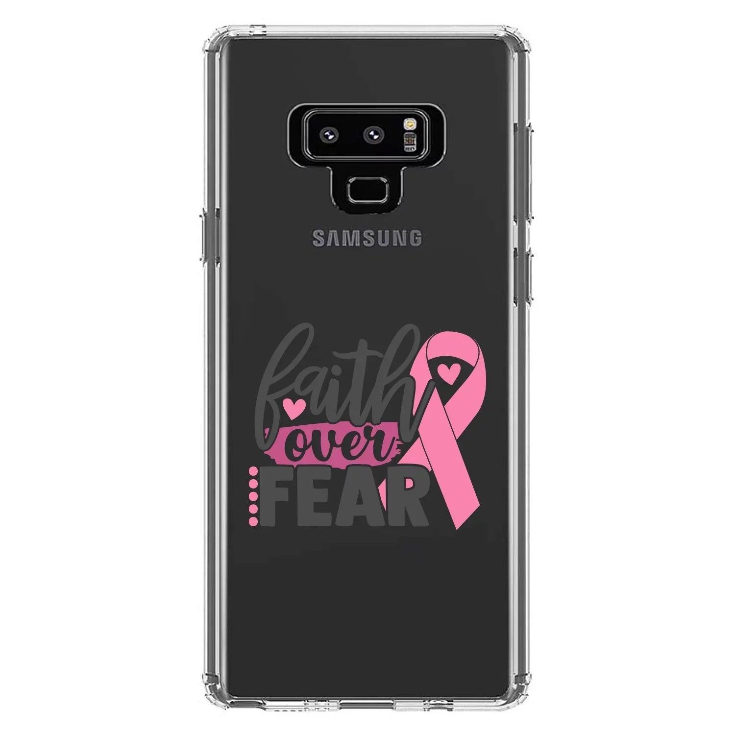 DistinctInk Clear Shockproof Hybrid Case for Galaxy Note 9 - TPU Bumper Acrylic Back Tempered Glass Screen Protector - Pink Ribbon Cancer - Faith Over Fear