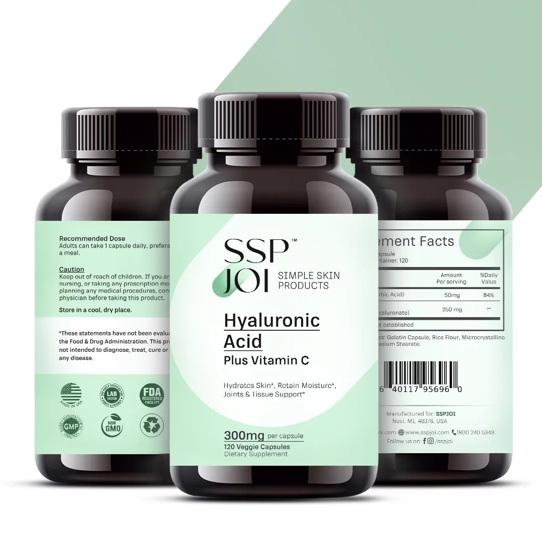SSPJOI Hyaluronic Acid 250mg with 50mg Vitamin C per Capsule - 120 Veggie Capsules - Supports Skin Hydration, Youthful Skin, Joints Lubrication