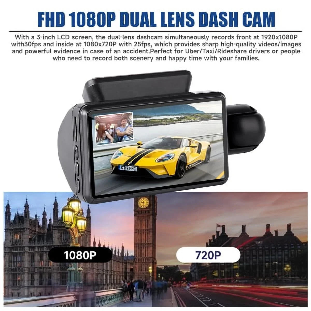SYTHERS Dash Cam 1080P Night Vision Dash Camera Front and Rear, 170° Wide Angle, Loop Recording, G-Sensor