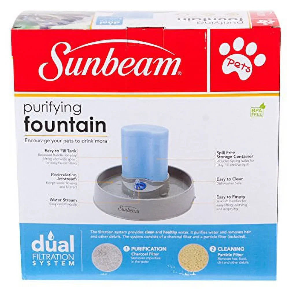 Sunbeam Pets Cat Dog Animal Purifying Water Fountain Dual Filtration System 1.3 Gallon Dishwasher Safe