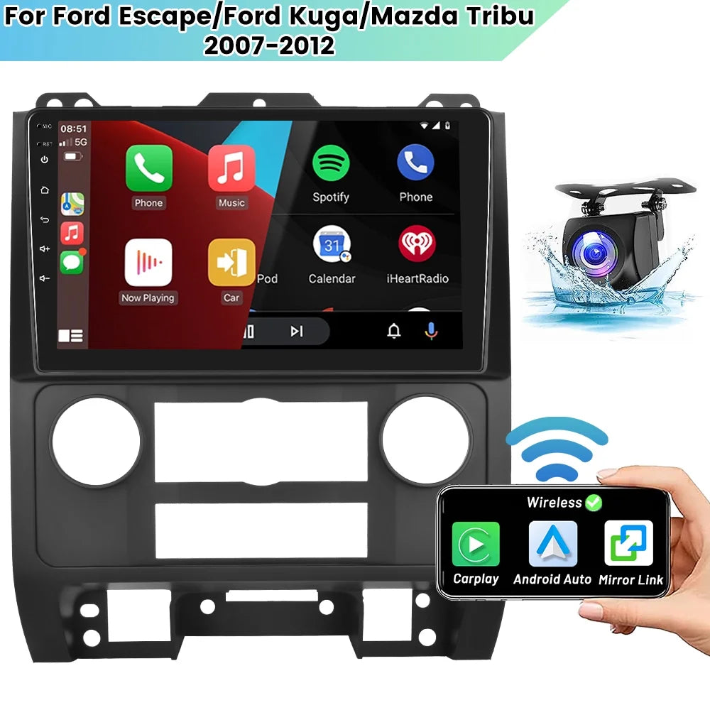 Podofo 2+64G Android 13 for Ford Escape/Ford Kuga/Mazda Tribu 2007-2012 Wireless Carplay Android Auto Mirror Link 9'' Touchscreen Car Stereo Radio WIFI GPS FM Bluetooth Hifi, AHD Backup Camera