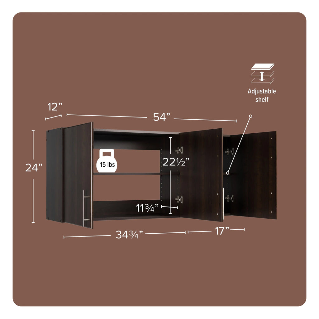 Prepac Elite Wall Cabinet, Versatile Adjustable Garage Wall Cabinet by Prepac, Tall 3-Door, 54"W x 24"H x 12"D, EEW-5424, Espresso