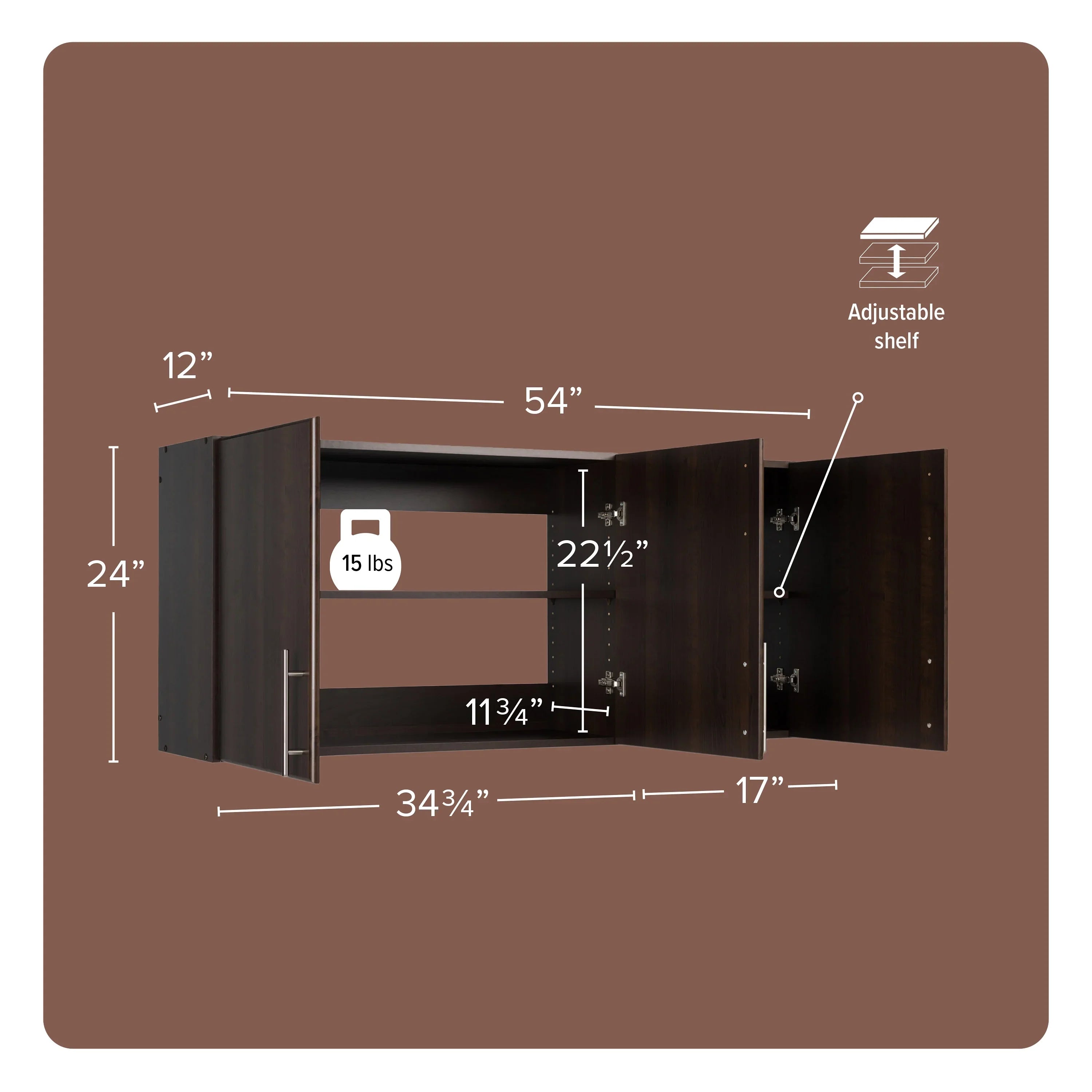 Prepac Elite Wall Cabinet, Versatile Adjustable Garage Wall Cabinet by Prepac, Tall 3-Door, 54"W x 24"H x 12"D, EEW-5424, Espresso