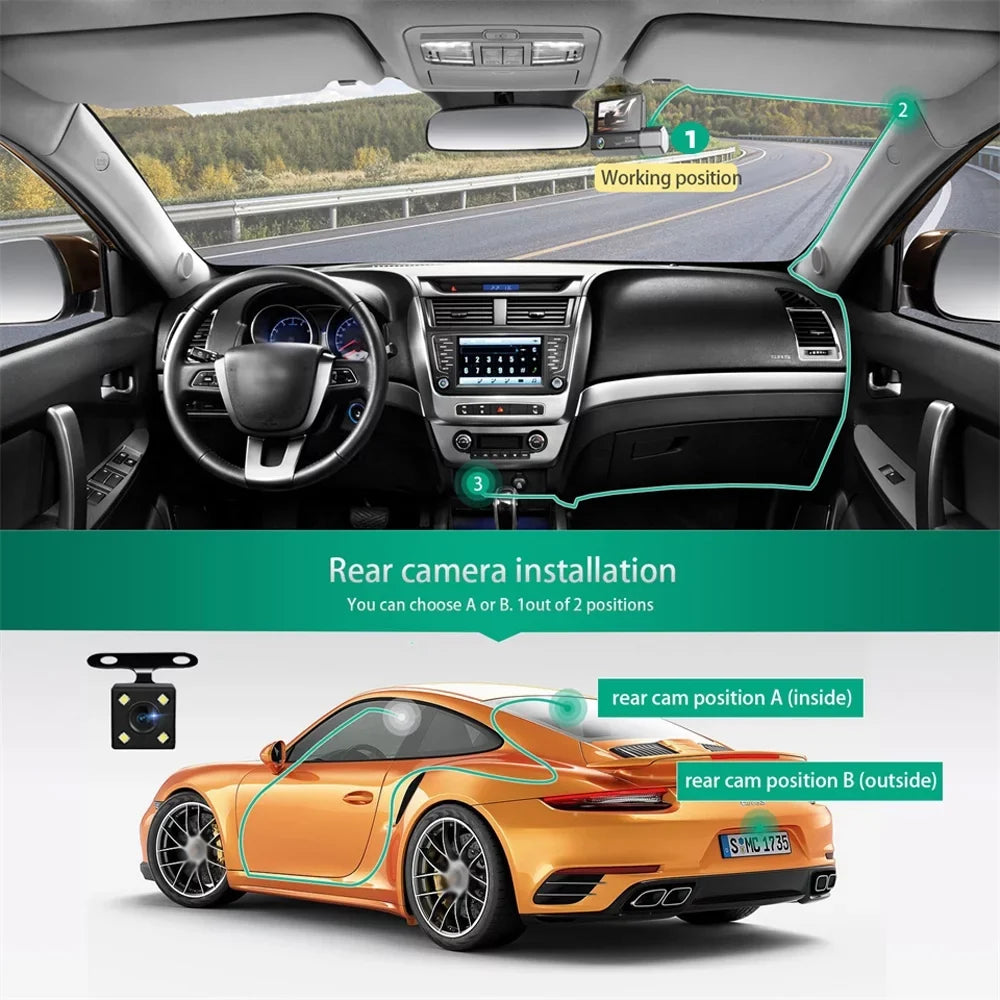 Arealer 3 Cameras Dash Cam 4in Clear Car Rearview Mirror Car Video Recording Car Recorder Auto Safety Driving Recorder