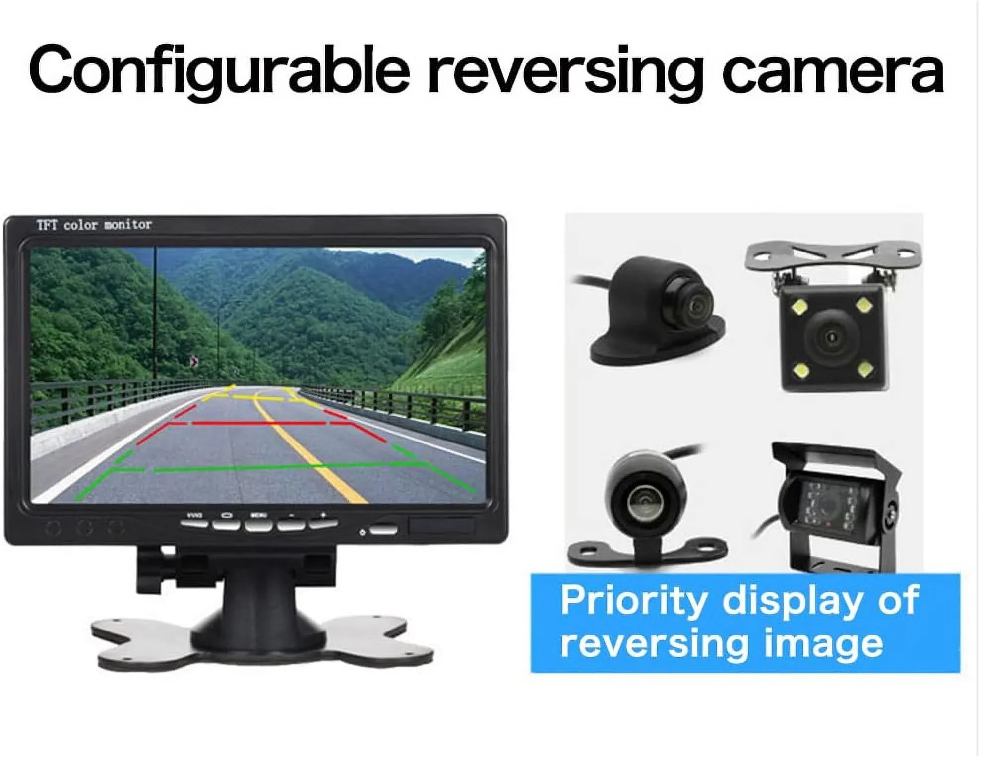 B-Qtech 7 Inch Rear View Camera Screens, Full Colour LCD Display, 800 * 480 RP, DC12V-24v, AV1/AV2 Video Switching, LCD Car Monitor for Car Trucks Buses Motorbikes