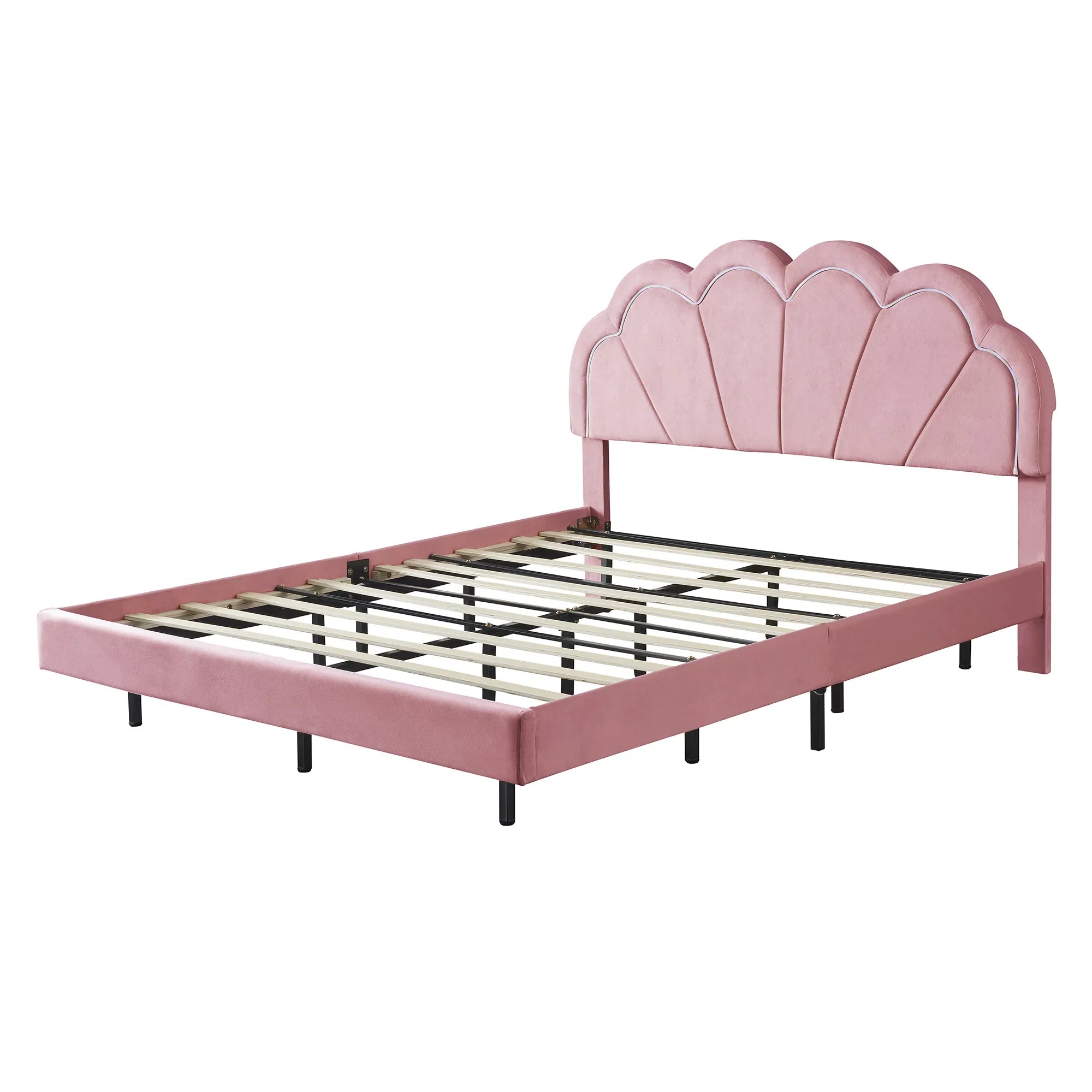 CoSoTower Queen Upholstered Smart LED Bed Frame with Elegant Flowers Headboard,Floating Velvet Platform LED Bed with Wooden Slats Support,Pink