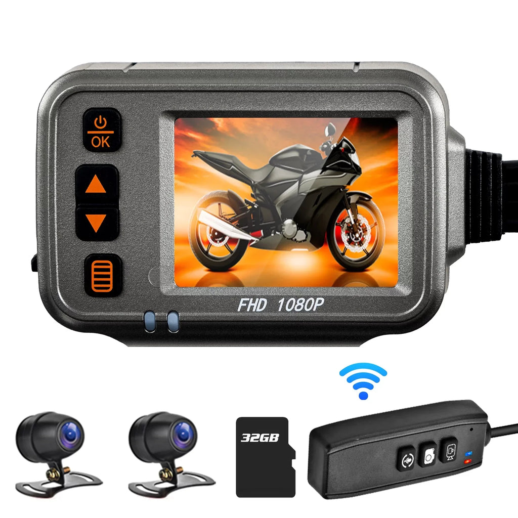 Walmeck Motorcycle Dash Cam,WiFi Dual 1080p Motorbike Camera ,120° Wide Angle,Parking Monitoring, Timed Recording After Flameout Full Body Waterproof Night Vision HD With 32G storage card