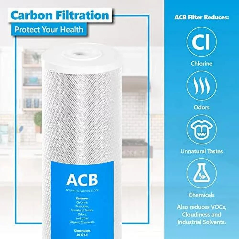 2 pack water filter activated carbon block replacement filter acb large capacity water filter whole house filtration 5 micron water filter 4.5” x 20” inch