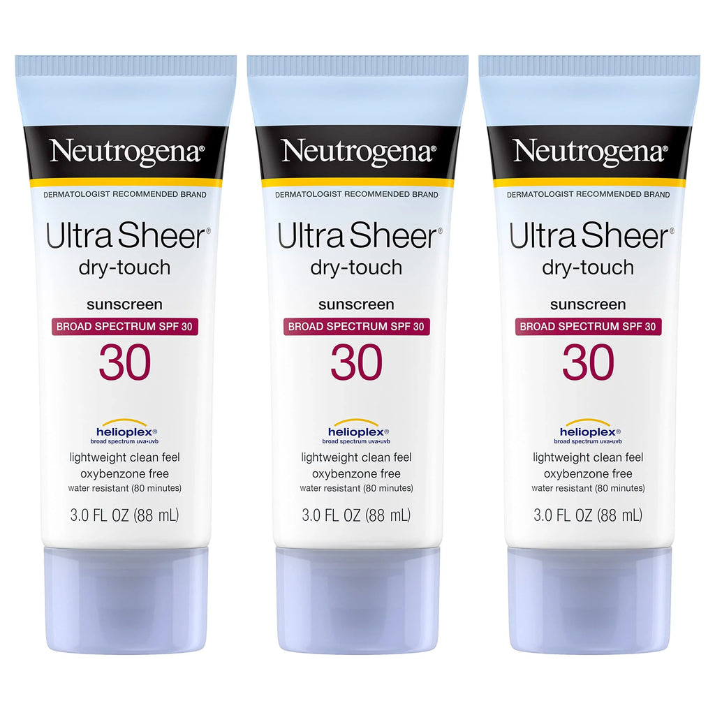 Neutrogena Ultra Sheer Dry-Touch Sunscreen Lotion, Broad Spectrum Spf 30 Uva/Uvb Protection, Oxybenzone-Free, Water Resistant, Non-Comedogenic, Non-Greasy, Travel Size, 3 Fl. Oz, Pack Of 3