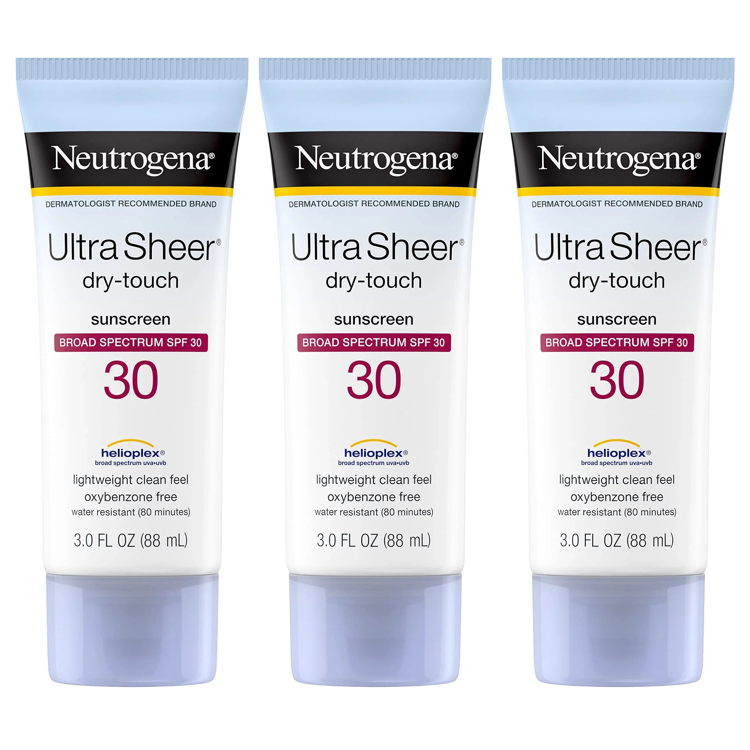 Neutrogena Ultra Sheer Dry-Touch Sunscreen Lotion, Broad Spectrum Spf 30 Uva/Uvb Protection, Oxybenzone-Free, Water Resistant, Non-Comedogenic, Non-Greasy, Travel Size, 3 Fl. Oz, Pack Of 3