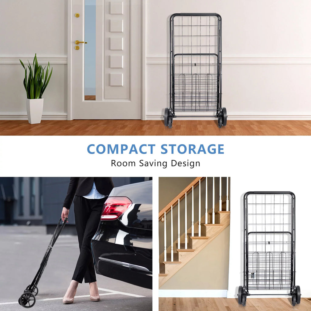 ZENY Folding Utility Shopping Cart with Double Basket and Wheels for Grocery Laundry Book Luggage Travel, Jet