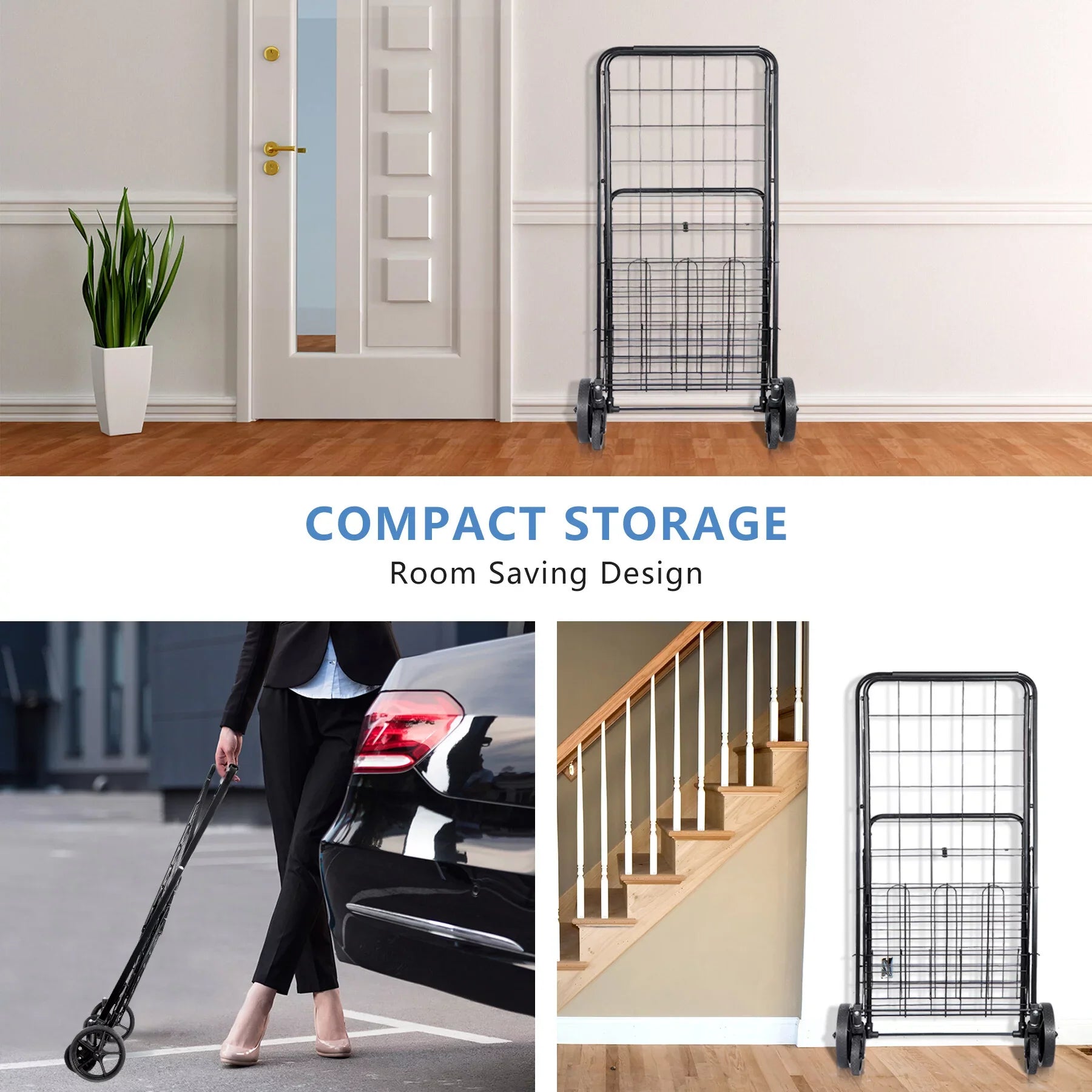 ZENY Folding Utility Shopping Cart with Double Basket and Wheels for Grocery Laundry Book Luggage Travel, Jet