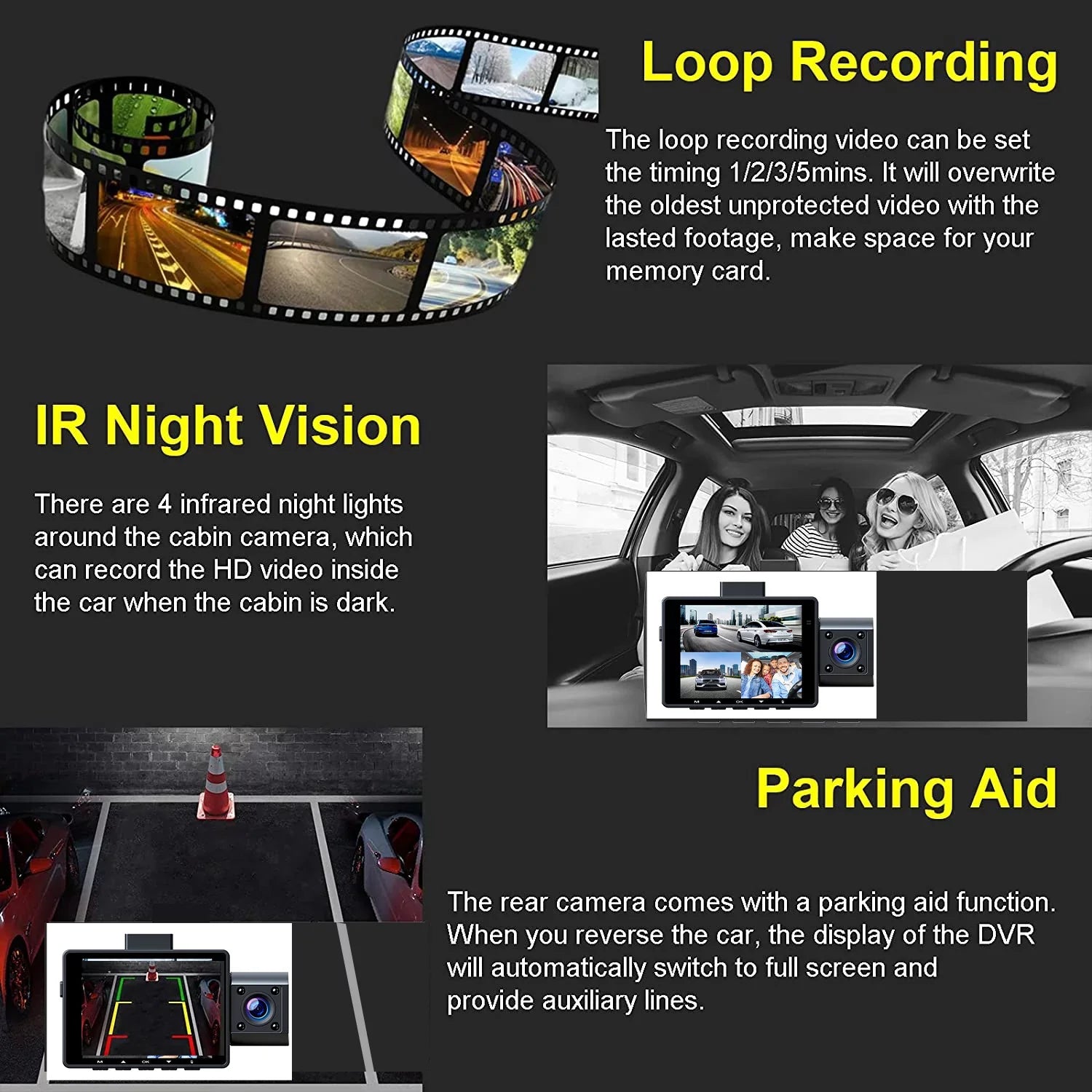 3 Channel 4K Dash Cam Front and Rear Inner 4K+1080P Dash Camera Front and Inner Triple Car Camera 2K+1080P+1080P with IR Night Vision, WDR, 170°Wide Angle, Parking Monitor