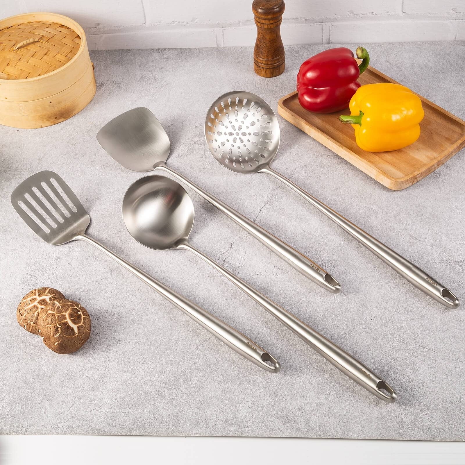 Stiwee 2024 Newest Sale Cooking Equipment Cooker 17Inch Wok Spatula And Ladle Skimmer Spoon Slotted Spatula 304 Stainless Steel Kitchen Utensils Set 4Pieces All Metal Extra Long Handle Cooking Tools