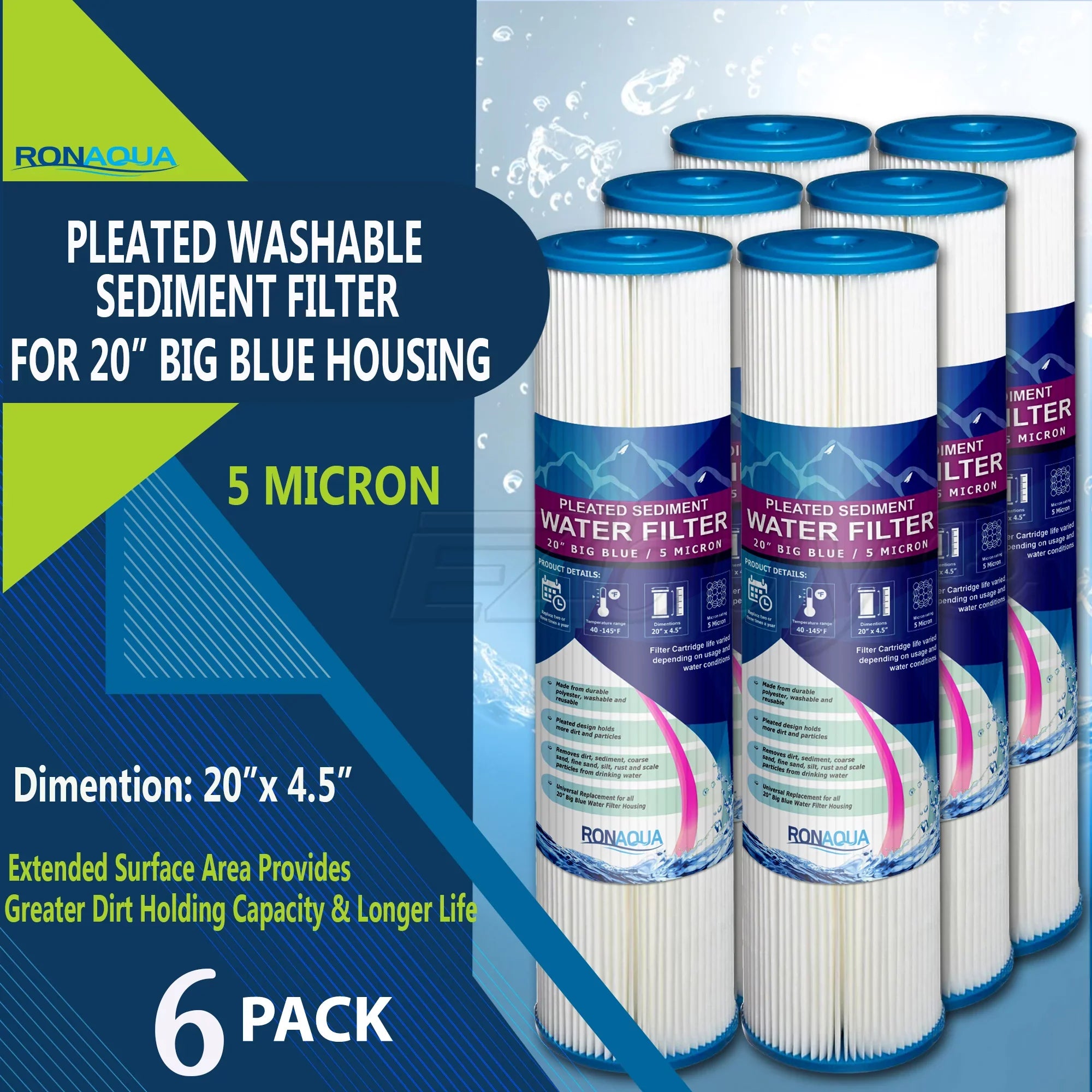 Big Blue Pleated Washable & Reusable Sediment Filter 5 Micron Amplified Surface Area, Removes Sand, Dirt, Silt, Rust, Extended Filter Life for 20" Big Blue Housing, by Ronaqua (Set of 6)