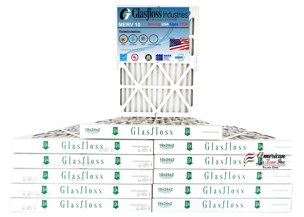 Glasfloss Air Filter 18x24x2 - 2" MERV 10 - (Pack of 12) - Pleated AC or HVAC Air Filter - Furnace Air Filter - Home or Office - Made In The USA.