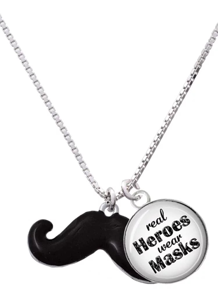 Delight Jewelry Silvertone Large Dark Enamel Mustache Dome Real Heroes Wear Masks Charm Necklace