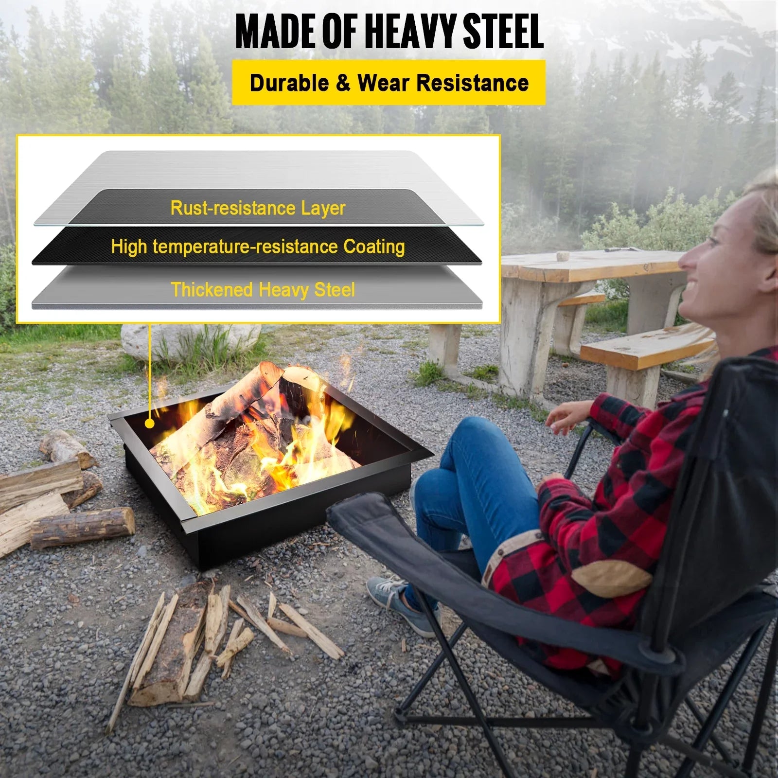 BENTISM Fire Pit Ring, 30" Square Fire Pit Insert, Heavy Duty Steel Fire Ring, DIY Bonfire Liner with Tongs Insert with Simple Installation for Outdoor, Patio, Backyard