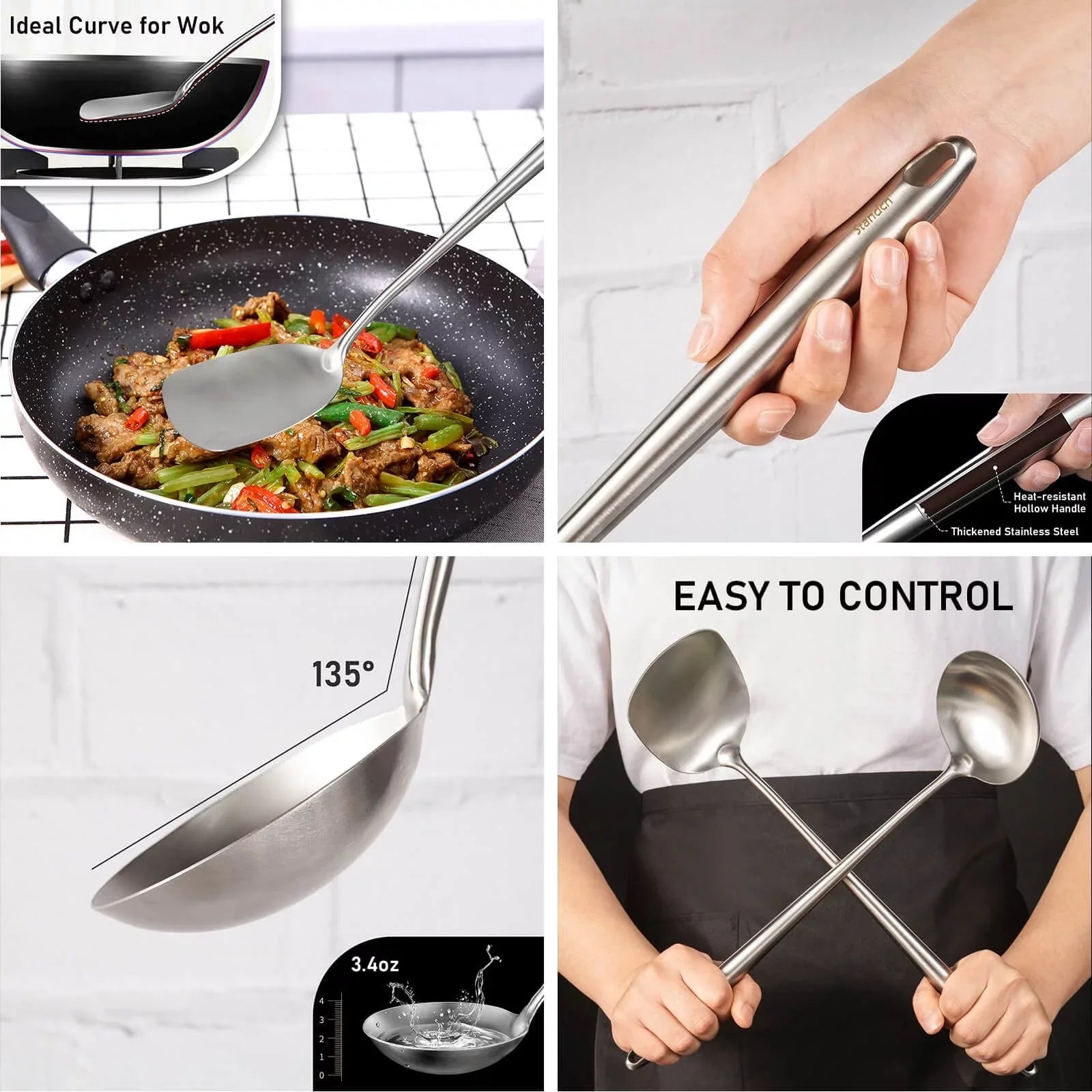 Stiwee 2024 Newest Sale Cooking Equipment Cooker 17Inch Wok Spatula And Ladle Skimmer Spoon Slotted Spatula 304 Stainless Steel Kitchen Utensils Set 4Pieces All Metal Extra Long Handle Cooking Tools