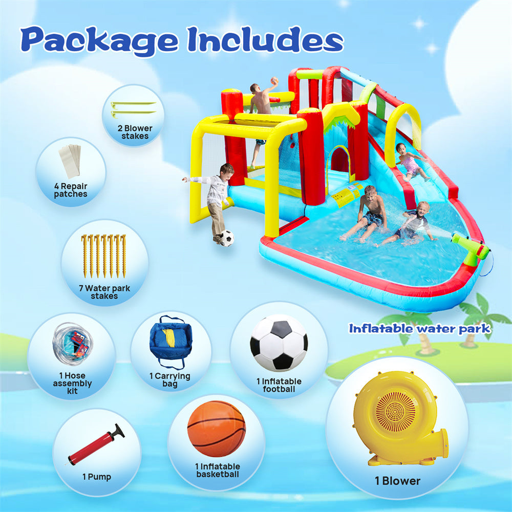 Inflatable Water Slide,7 in 1 Bounce House with Slide,Climbing Wall, Splash Pool, Basketball Rim,Outdoor Backyard Fun Toys for Kid,Blower Included