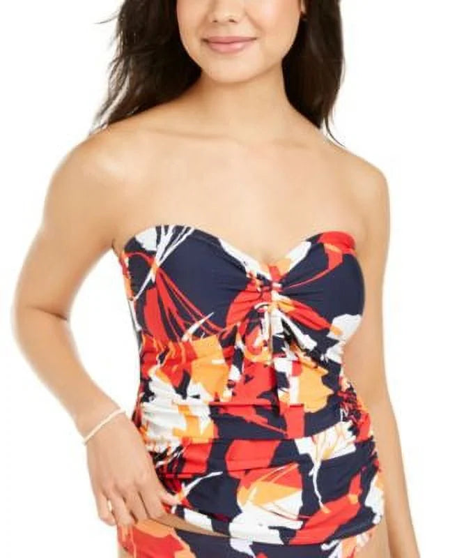 DKNY HERITAGE NAVY FLORAL Printed Tie-Front Strapless Tankini Top, US X-Small