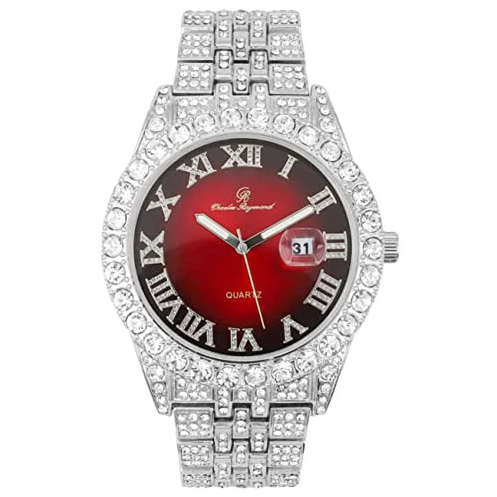Charles Raymond Big Rocks w/Roman Numerals Fully Iced Out Mens Watch w/Easy Read Date and Colorful Dials- Designer Hip Hop Blinged Out Timepiece - ST0226RND Cuban Silver RED