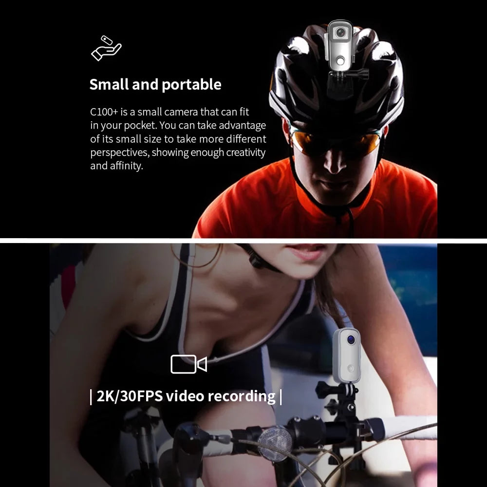SJCAM C100 Mini Action Camera 2K 30fps Video Digital Camera 30M Waterproof Magnetic Body Built in Rechrageable Battery WiFi Connection APP Sharing with Waterproof Case Back Clip Lanyard