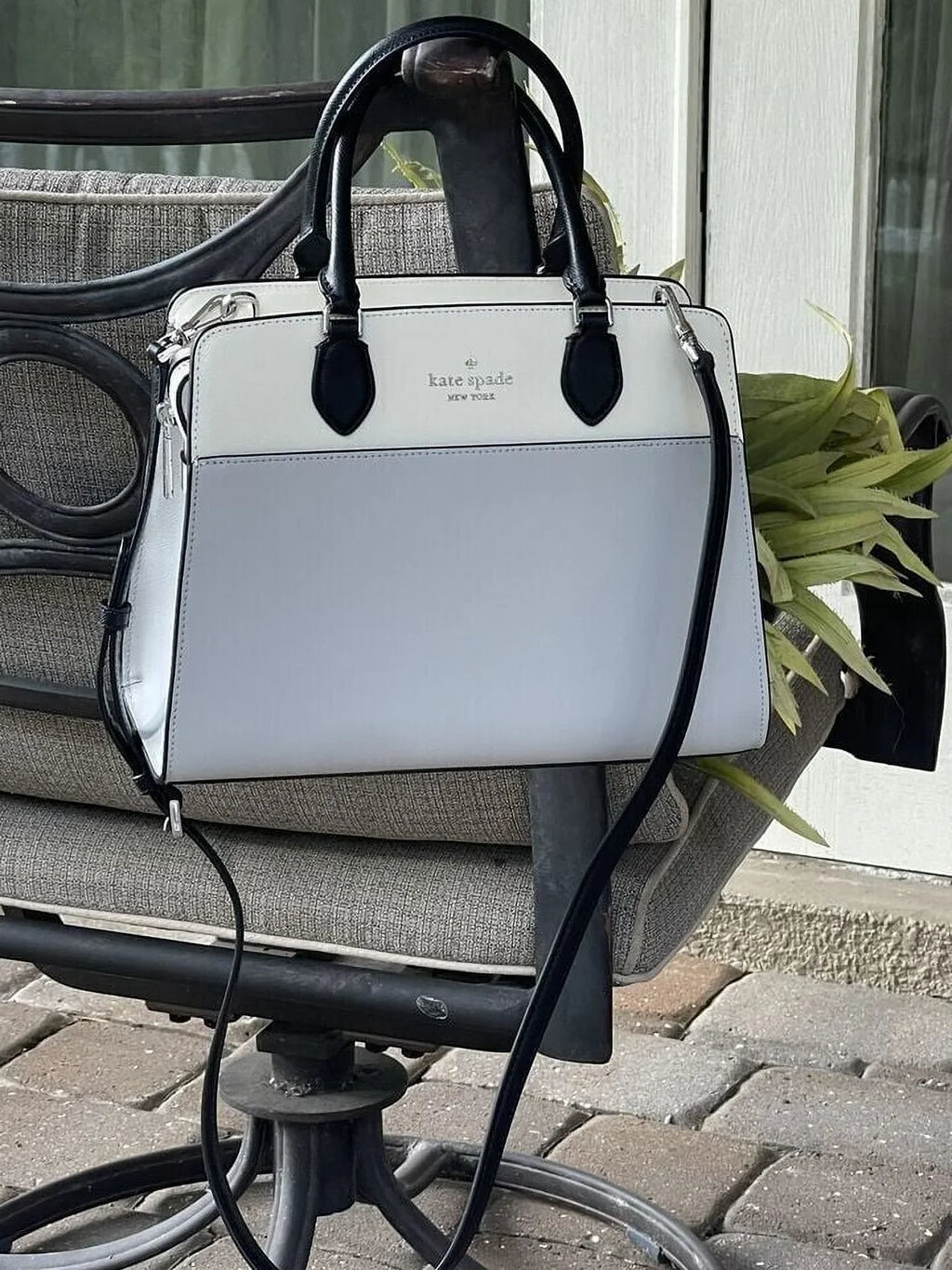 Kate Spade Madison Medium Platinum Grey Colorblock Leather Satchel Bag Purse KC621