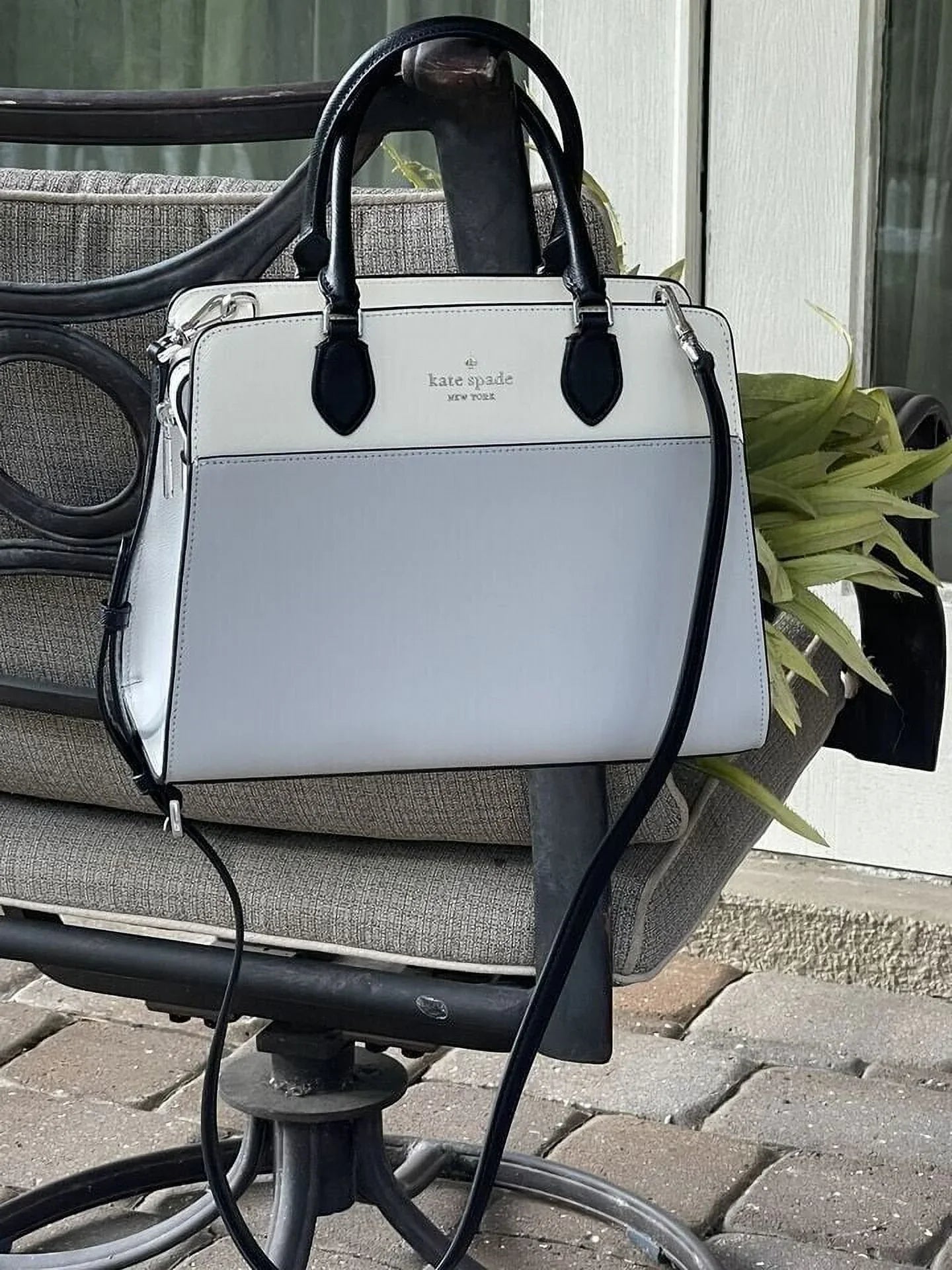 Kate Spade Madison Medium Platinum Grey Colorblock Leather Satchel Bag Purse KC621