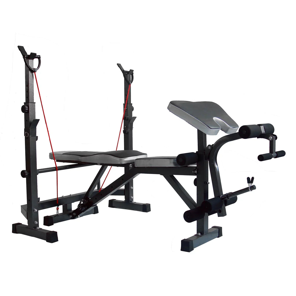 US Stock Body Champ Olympic Mass Bench, Workout Equipment for Home Workouts, Bench Press with Preacher Curl, Leg Developer and Crunch Handle for At Home Workouts