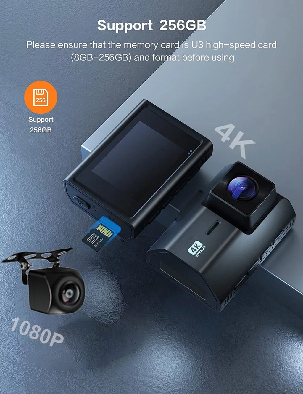 4K Front and Rear Dash Cam for Cars, Dual Dash Cam with SD Card, 2 Inch Dash Camera with GPS WIFI, Night Vision, Loop Recording, Parking Mode, Wide Angle, 64GB SD Card Included