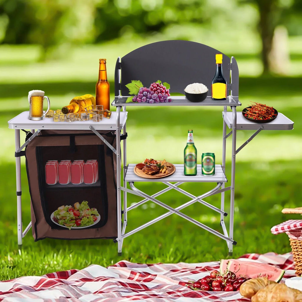 DENEST Folding Camping Kitchen Station Portable Barbecue Table Rack Brown Fabric Cover