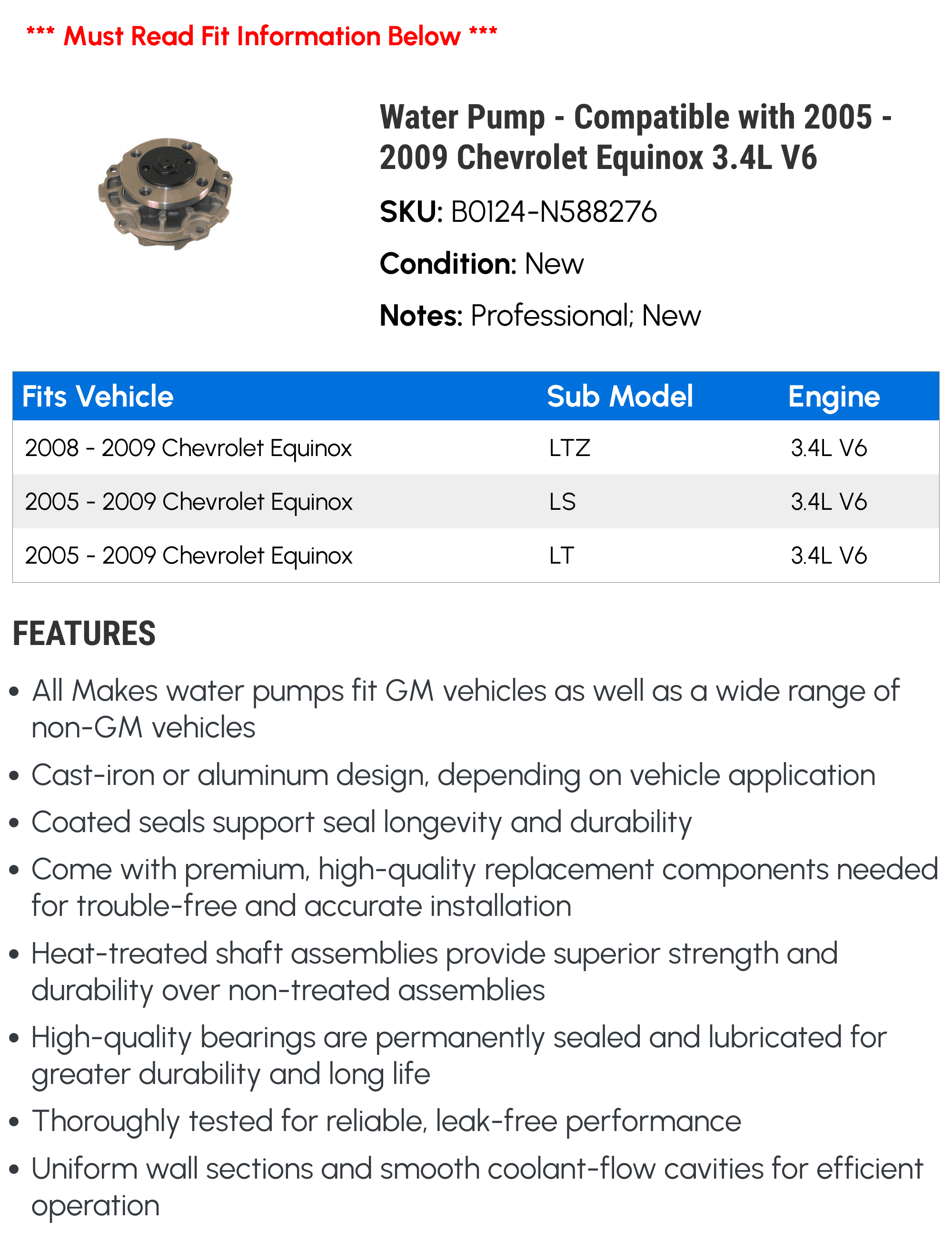 Water Pump - Compatible with 2005 - 2009 Chevy Equinox 3.4L V6 2006 2007 2008
