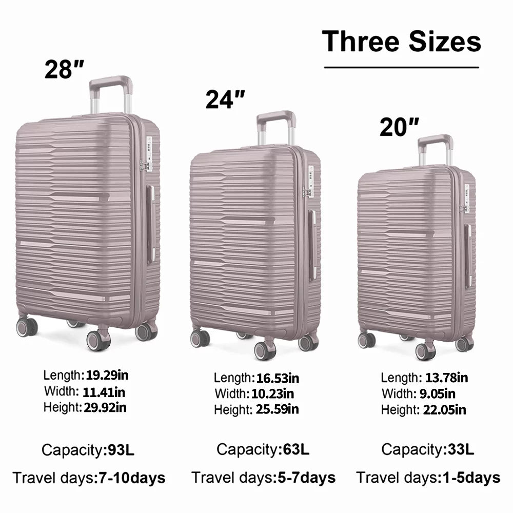 3 Piece Luggage Sets, PP Hardside Suitcase Set, TSA Lock, Gold