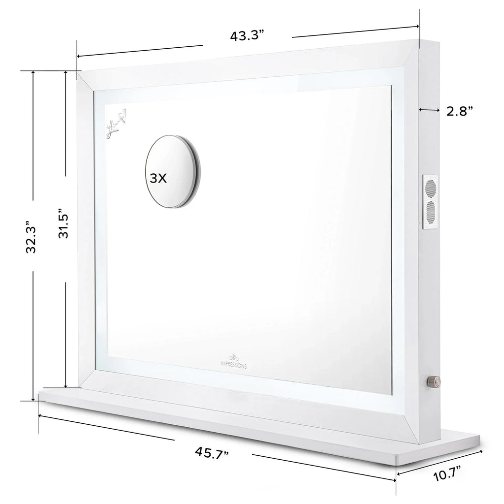 Impressions Vanity Makeup Mirror Liane V. Pro with Speakers and Dimmer Switch, Lighted Desk Mirror with Outer Metal Frame and 3X Magnified Mirror for Tabletop or Wall Mount (White)