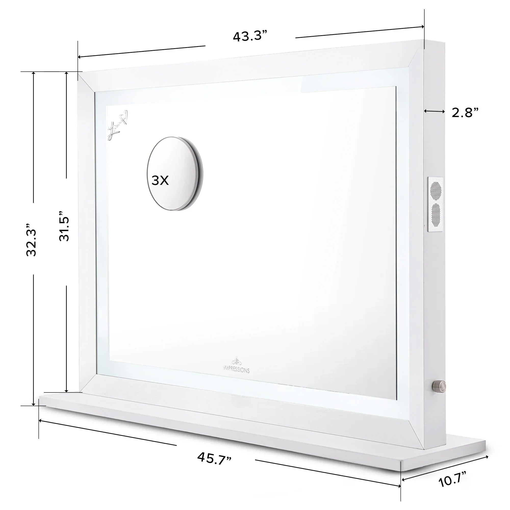Impressions Vanity Makeup Mirror Liane V. Pro with Speakers and Dimmer Switch, Lighted Desk Mirror with Outer Metal Frame and 3X Magnified Mirror for Tabletop or Wall Mount (White)