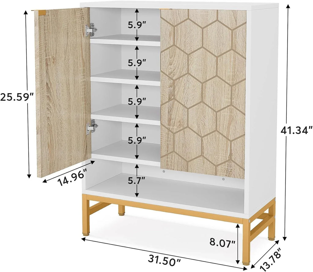 Tribesigns Shoe Cabinet with Doors, Entryway 5 Tier Shoe Storage Cabinet with Adjustable Shelves, Wood Grain & White & Gold