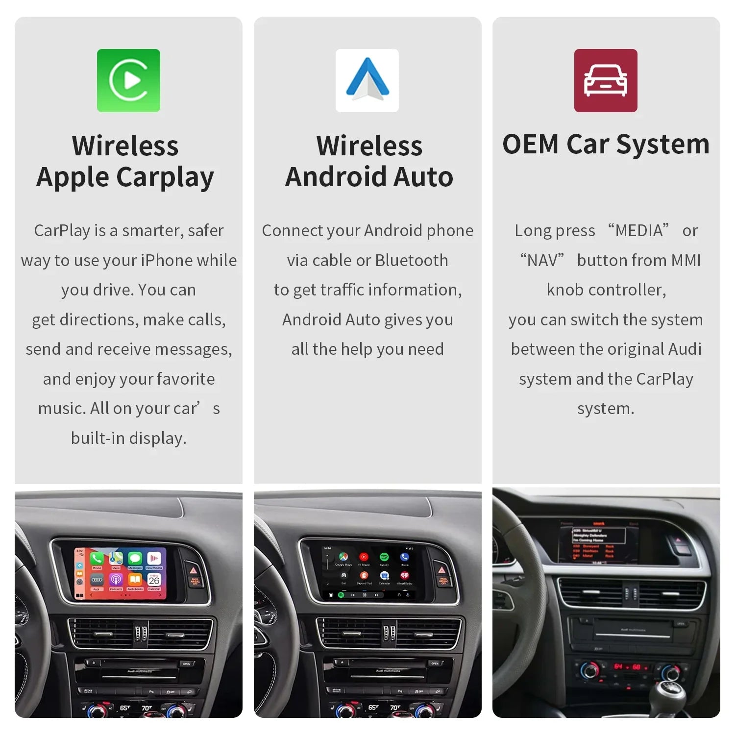 Ninetom Wireless Android Auto Carplay for Audi A4 A5 S4 S5 RS4 RS5 Q5 2008-2015 Support 3GMMI System,Carplay Retrofit Kit,Mirrorlink,Siri,Navigation,YouTube,Original Control,Camera