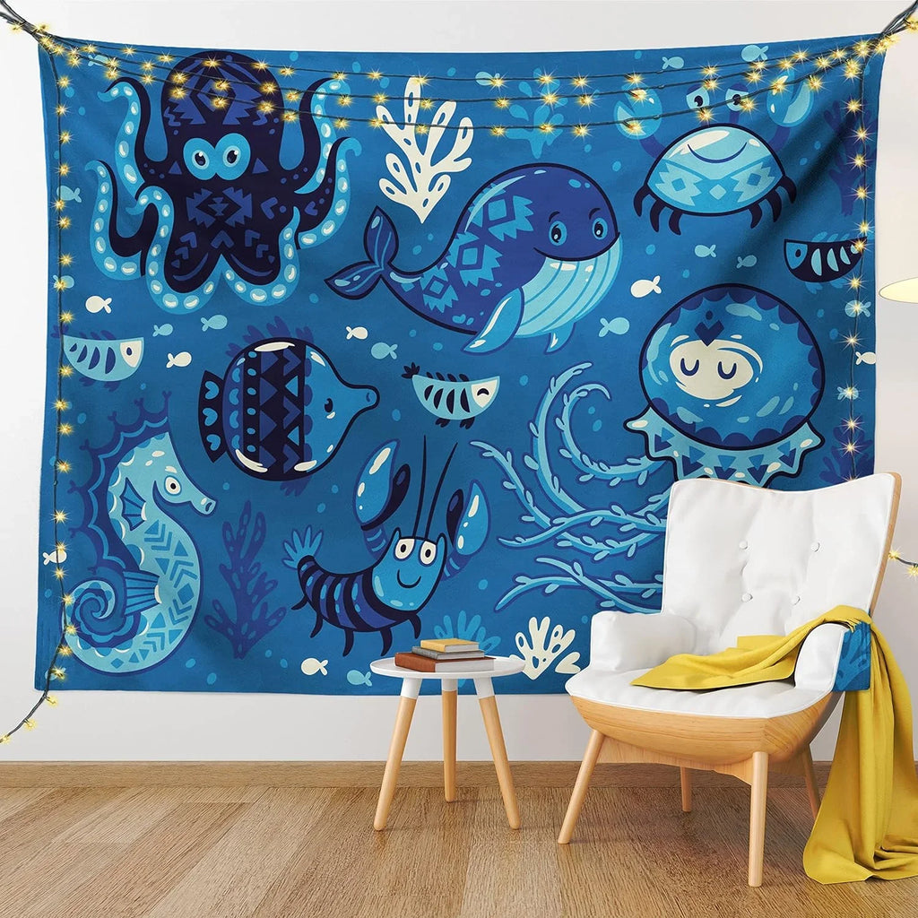 Ocean Tapestry, Deep Sealife With Cartoon Animals Little Whale Fish Octopus And Moss Print, Fabric Wall Hanging Decor For Bedroom Living Room Dorm, 45" X 30", Blue