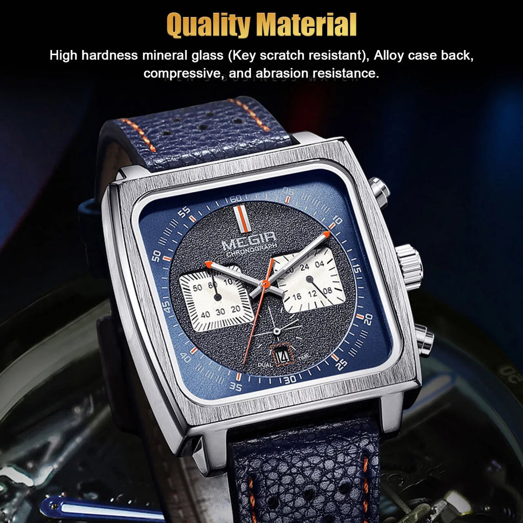 Waterproof MEGIR Men's Leather Luminous Analog Sports Quartz Military Wristwatch