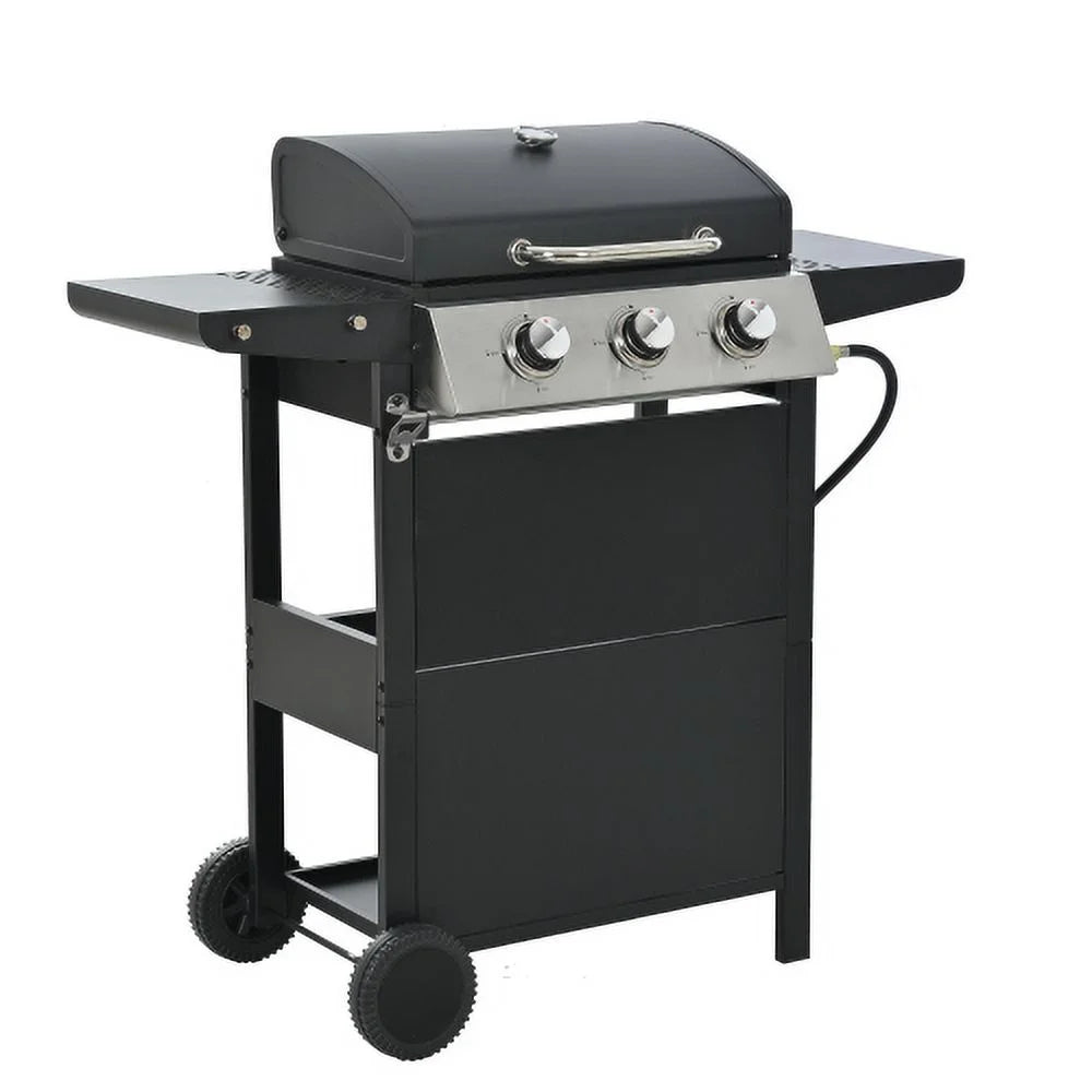 Kaireey 3 Burner BBQ Propane Gas Grill, Stainless Steel 30,000 BTU Patio Garden Barbecue Grill with Two Foldable Shelves