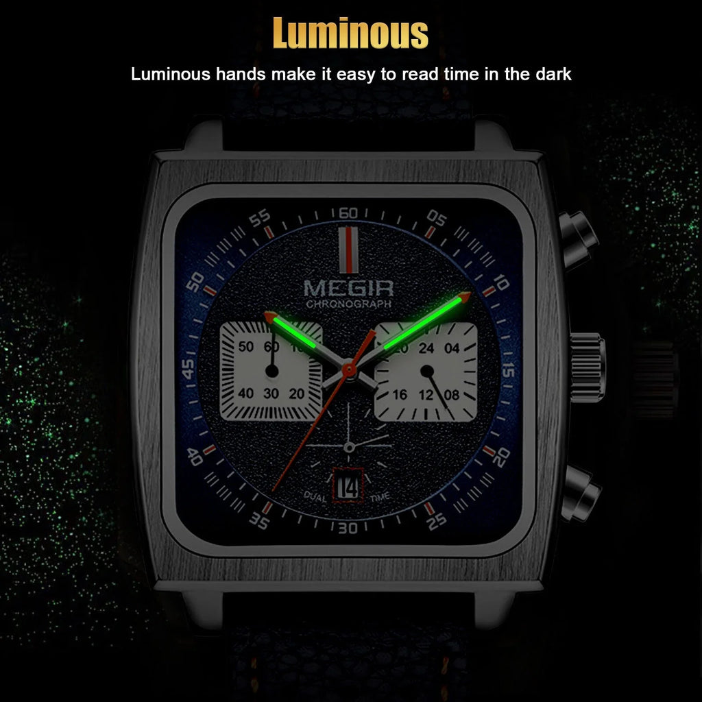 Waterproof MEGIR Men's Leather Luminous Analog Sports Quartz Military Wristwatch