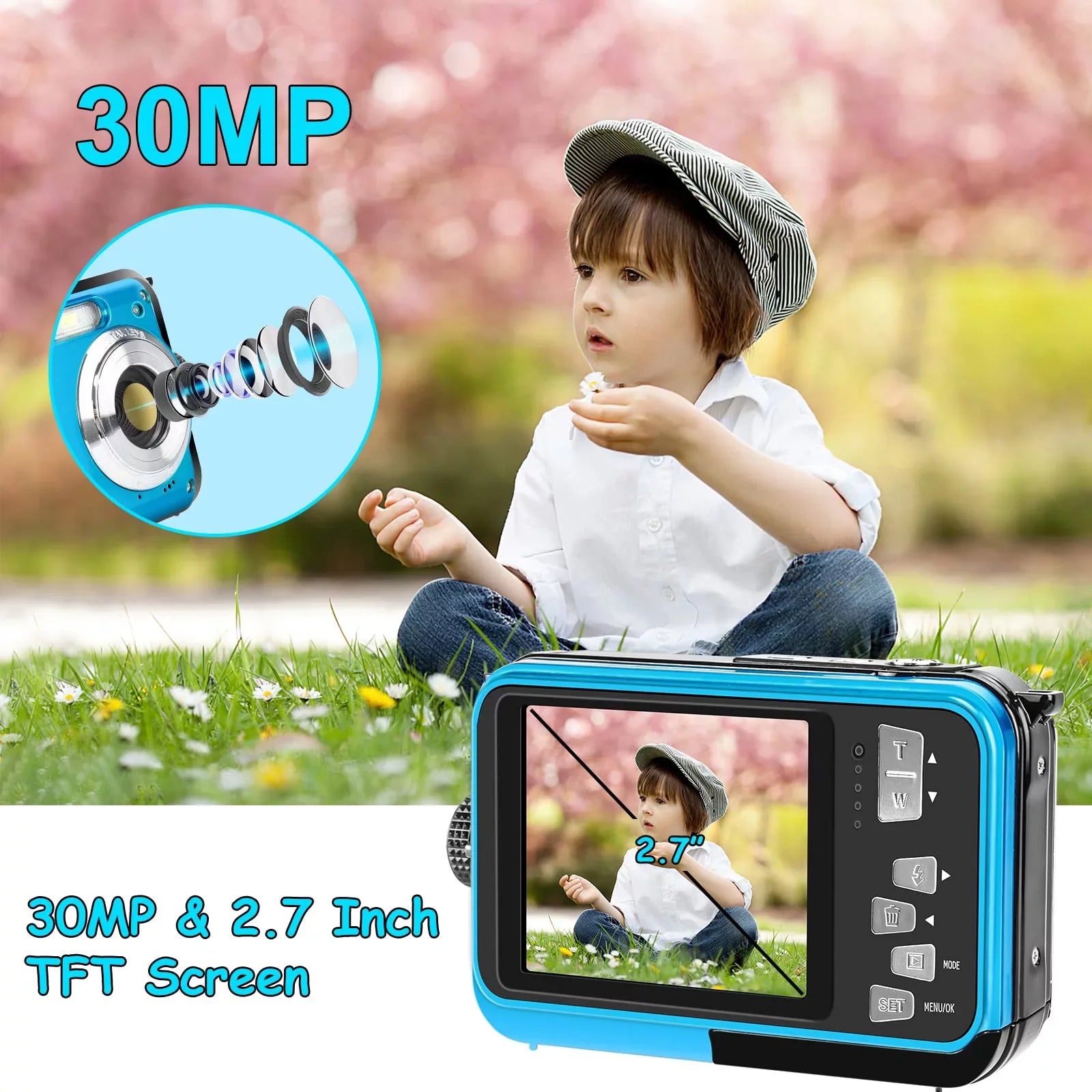 SEREE Underwater Cameras for Youtube Waterproof Camera 30 MP Full HD 1080P Video Recorder 16X Zoom Selfie Dual Screens Digital Camera for Snorkeling
