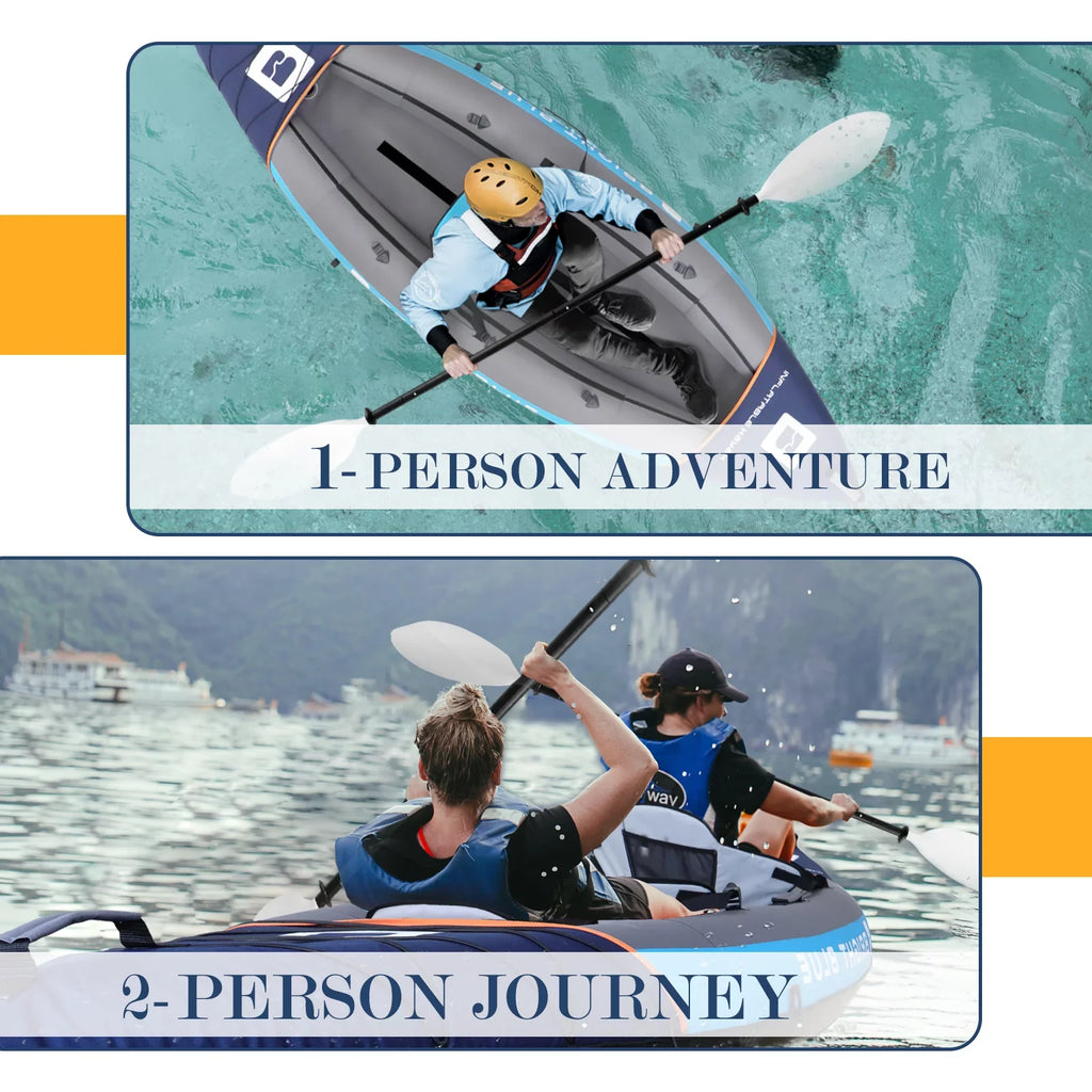 BRIGHT BLUE Inflatable Touring White Water Paddling Kayak 1-2 Persons sit-on with Paddles,Hand Pump,Backpack,Fins