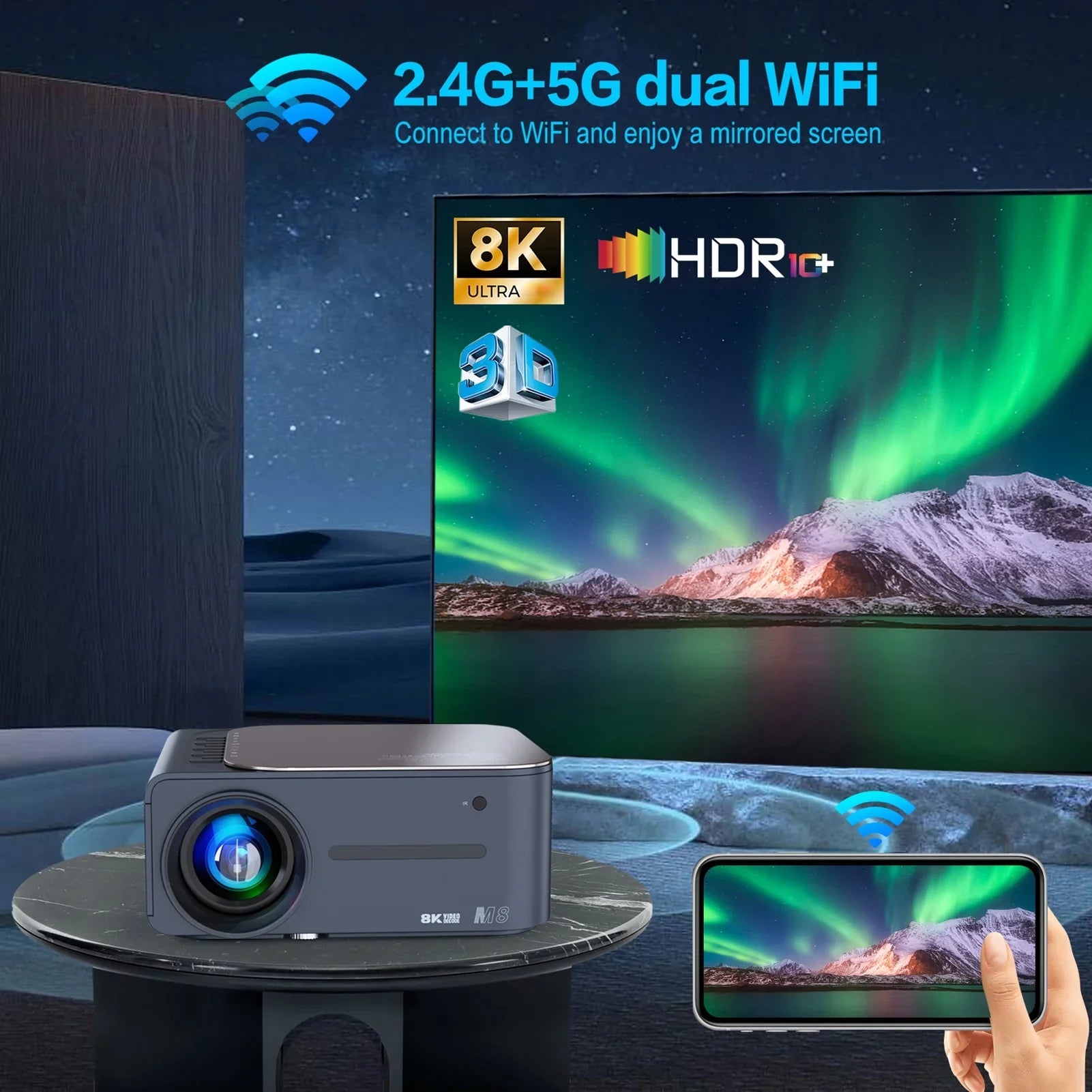 moobody Projector 8K HDR Ultra Clear 2.4G+5G WiFi BT5.0 Keystone Correction Android 9 80,inch Large Screen AI ligent Voice Control
