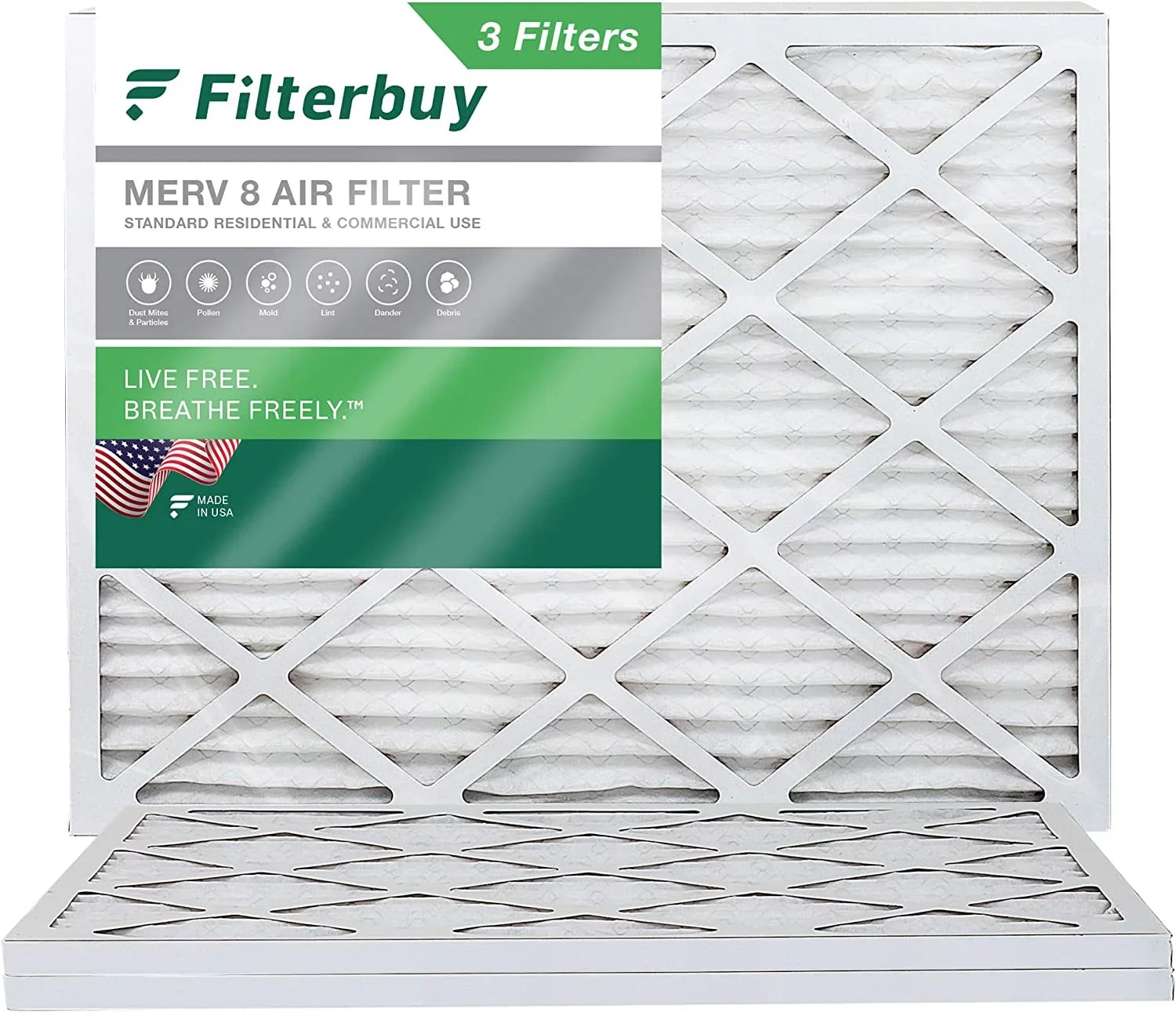 Filterbuy 24x25x1 MERV 8 Pleated HVAC AC Furnace Air Filters (3-Pack)